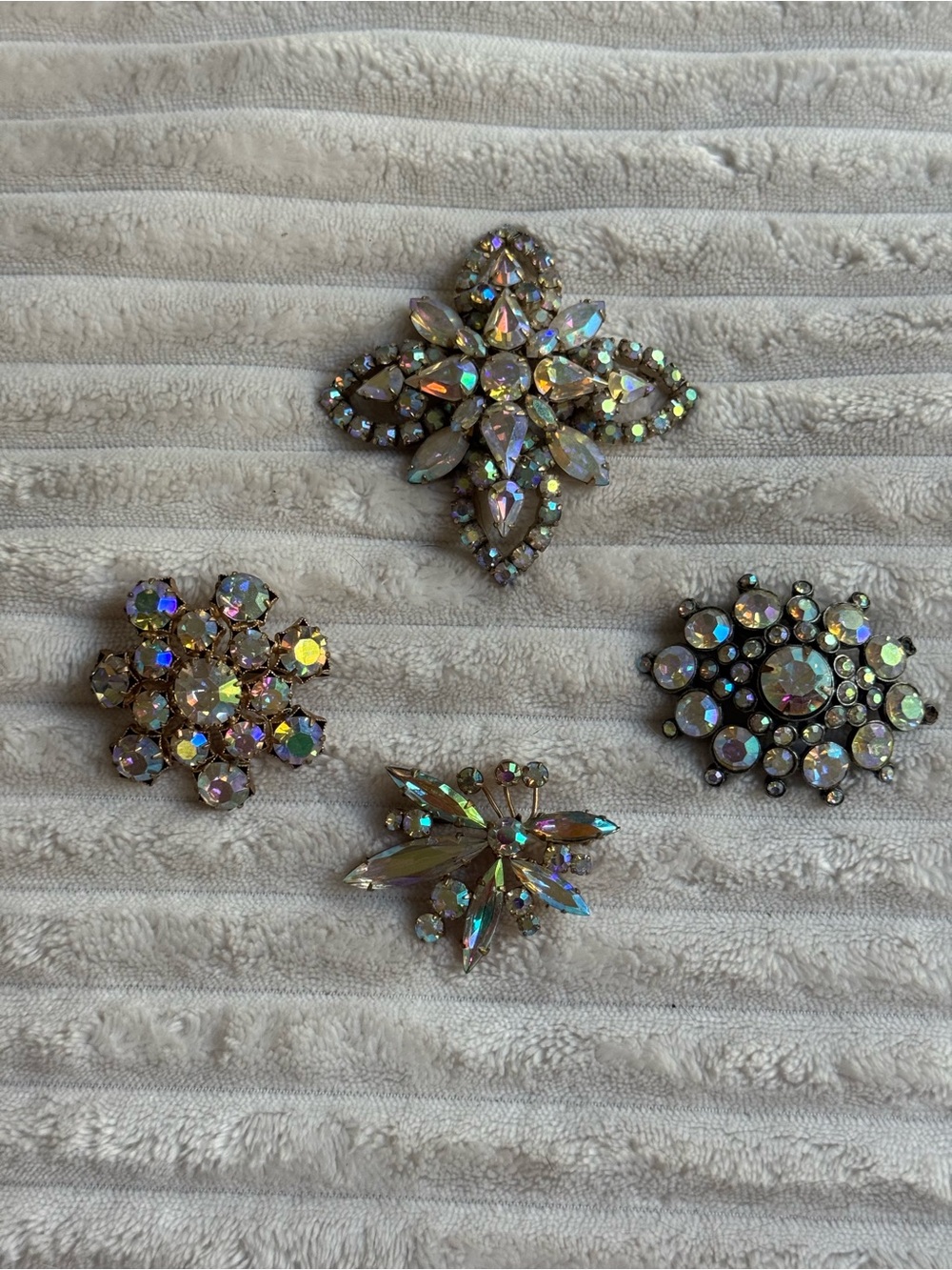 Four Vintage Aurora Borealis Rhinestone Brooches Mid-Century 1950/60’s